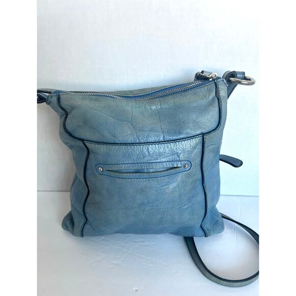 B. Makowsky Blue Leather Distressed Look Crossbody Shoulder Bag Purse - Picture 4 of 10